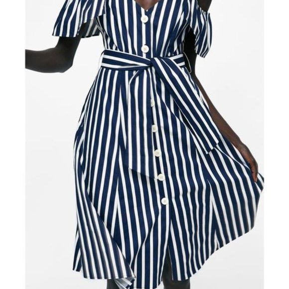 ZARA Cold Shoulder Nautical Navy Blue White Stripe Cotton Midi Dress - Picture 9 of 13